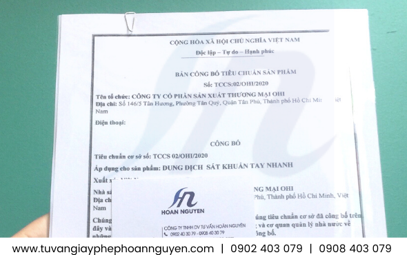 Mẫu công bố tiêu chuẩn sản phẩm gel rửa tay
